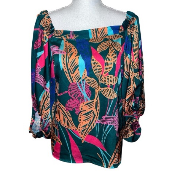 Avara Tops - AVARA square neckline tropical printed blouse with puffy sleeves